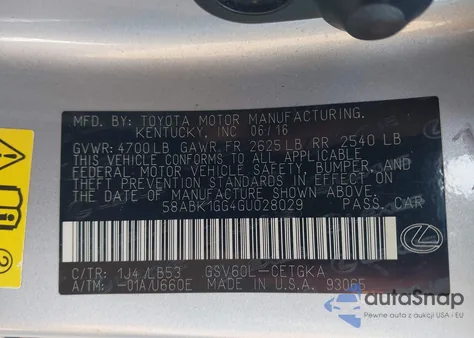 2016 Lexus Es 350 from USA, damaged, VIN 58ABK1GG4GU028029